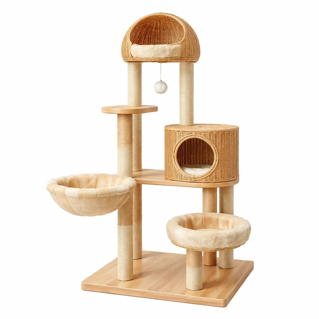 Torre per Gatti in Legno e Rattan con Ceste in Pelle e Palla di Gioco