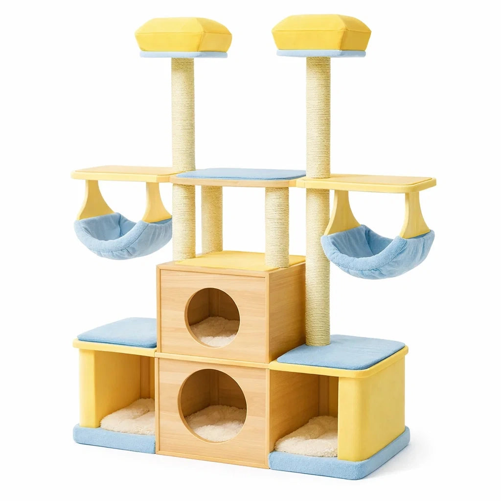 Albero Tiragraffi per Gatti in Legno, Sisal e Peluche Giallo/Blu