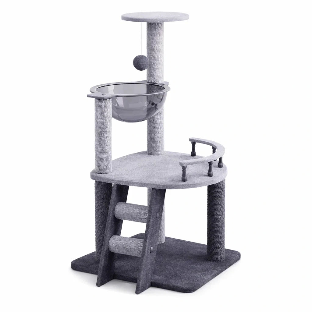 Albero Tiragraffi per Gatti con Piattaforma in MDF e Ciotola Trasparente