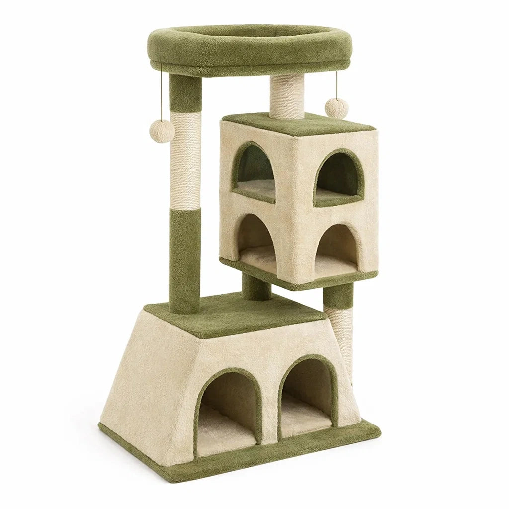 Albero per Gatti in Tessuto Felpato e Sisal Verde e Beige