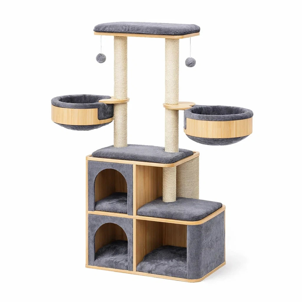 Torre per Gatti in Legno e Tessuto con Piattaforme e Nicchie