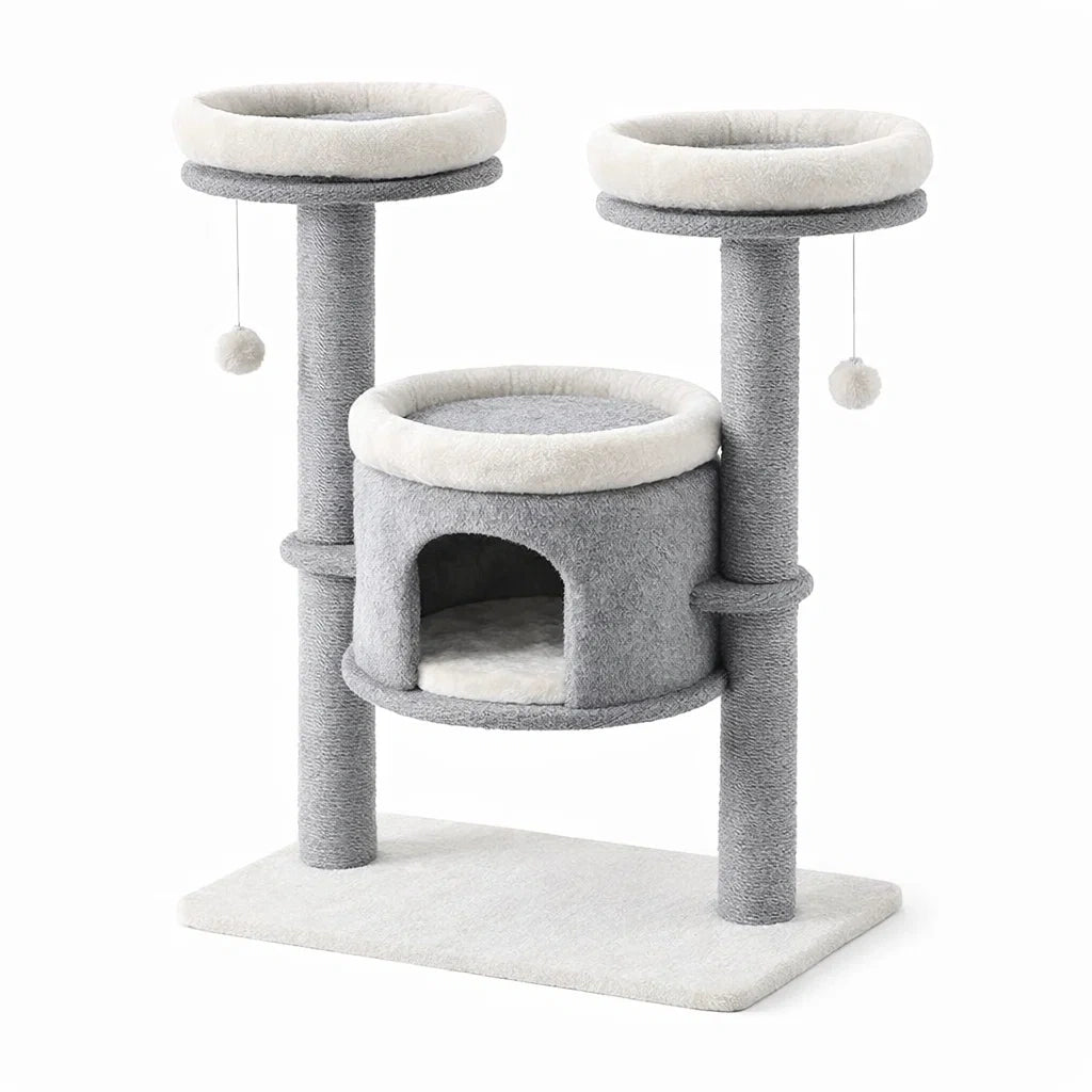 Tiragraffi per Gatti in Legno con Piattaforme e Casetta Grigio/Bianco