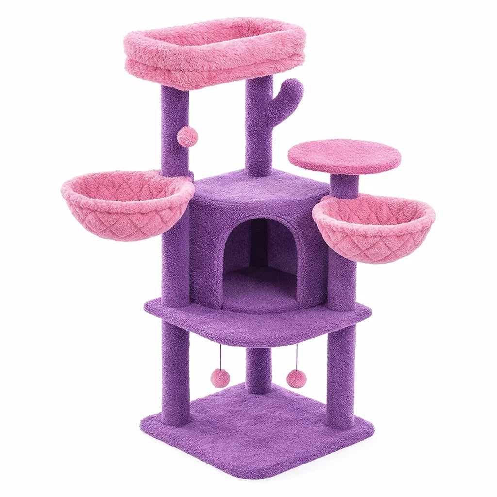 Albero Tiragraffi per Gatti in MDF con Rivestimento in Stoffa Rosa e Viola