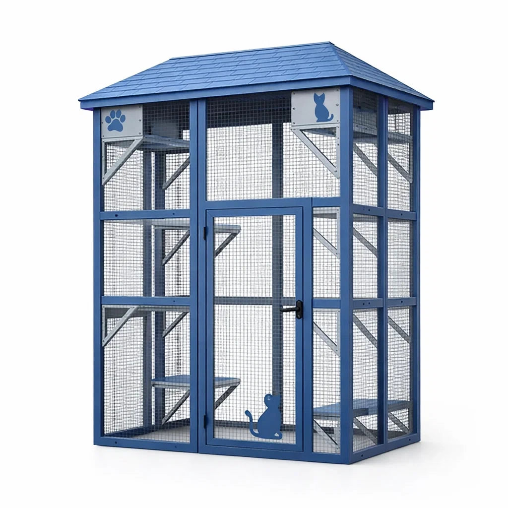 Gabbia per Gatti in Legno e Rete Blu Alta 200 cm