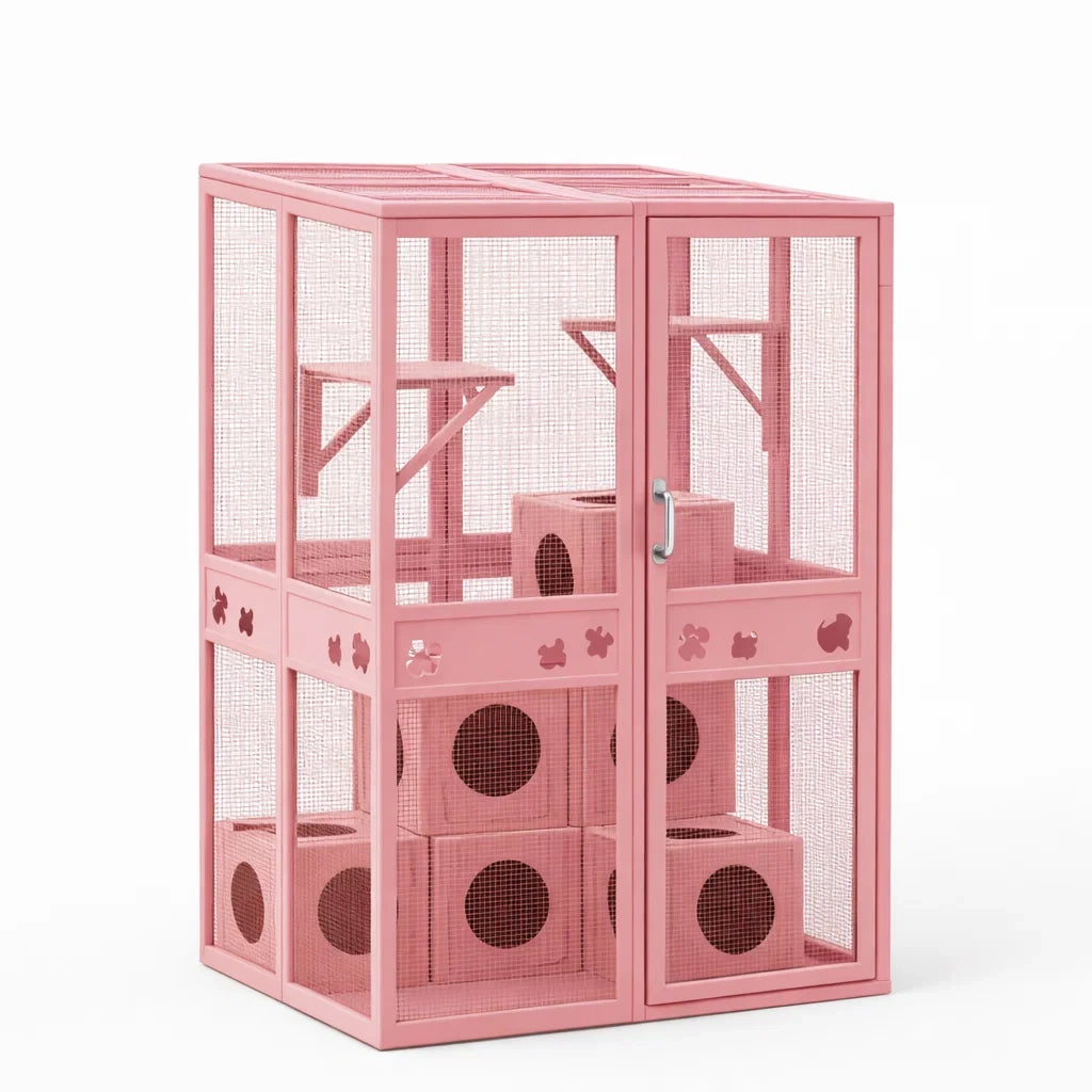 Gabbia in Metallo Rosa con Ripiani per Gatti