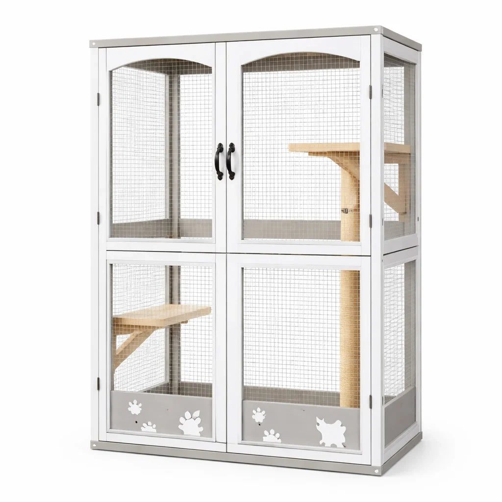Gabbia per Gatti a Due Livelli in Acciaio e Legno di Pino 80x50x140 cm Bianco