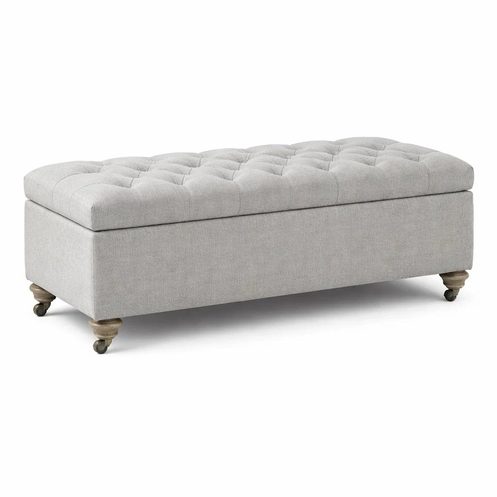 Panca contenitore in tessuto poliestere grigio con gambe in legno e ruote