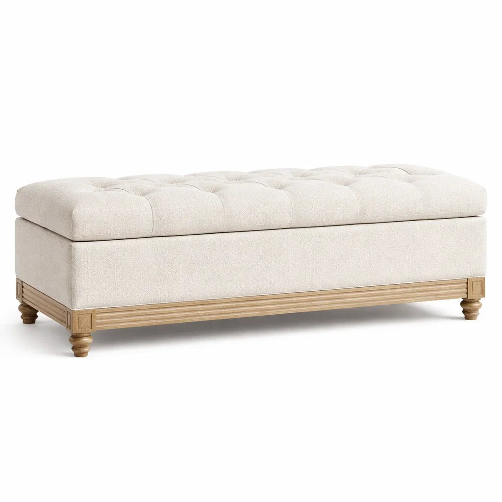 Panca contenitore in tessuto con gambe in legno