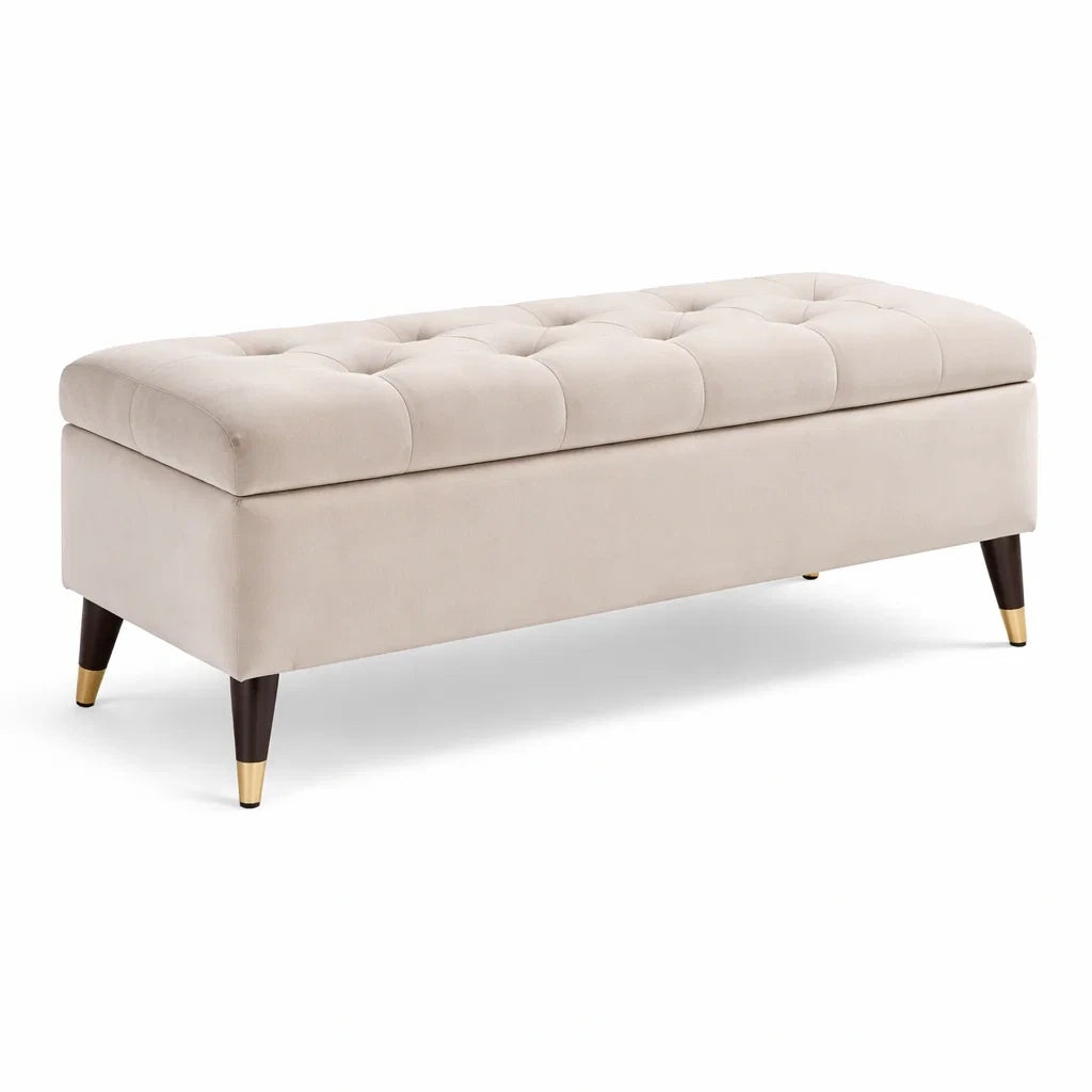 Panca in velluto Crema con gambe in legno e metallo