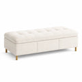 Panca contenitore imbottita in tessuto beige con gambe in legno
