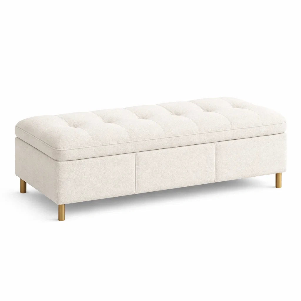 Panca contenitore imbottita in tessuto beige con gambe in legno