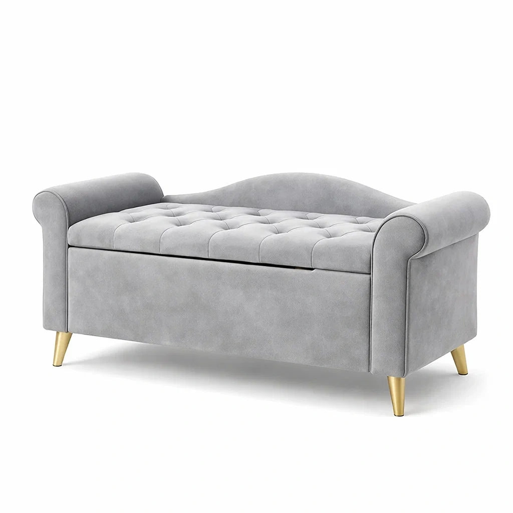 Panca in Velluto Grigio con Gambe Dorate