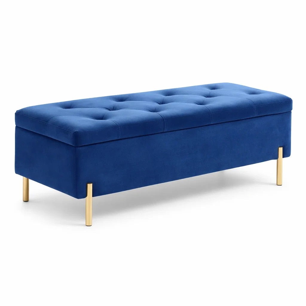 Panca in Velluto Blu con Gambe in Metallo Oro, 120 cm