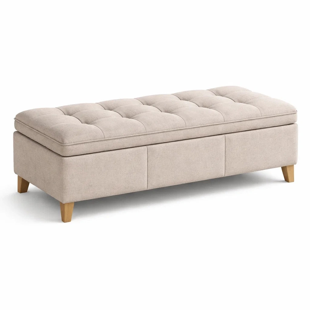 Panca imbottita in tessuto beige con gambe in legno di quercia