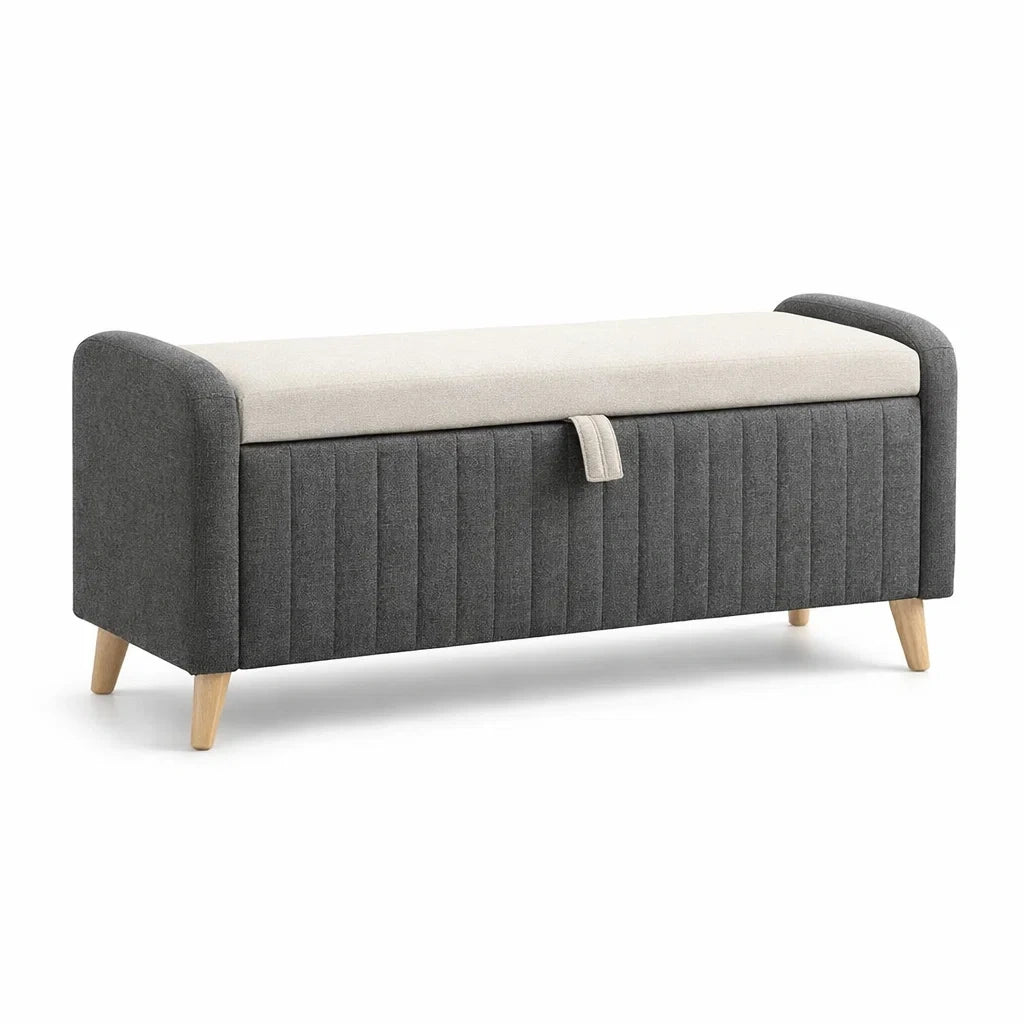 Cassapanca Imbottita con Contenitore in Tessuto Grigio e Beige