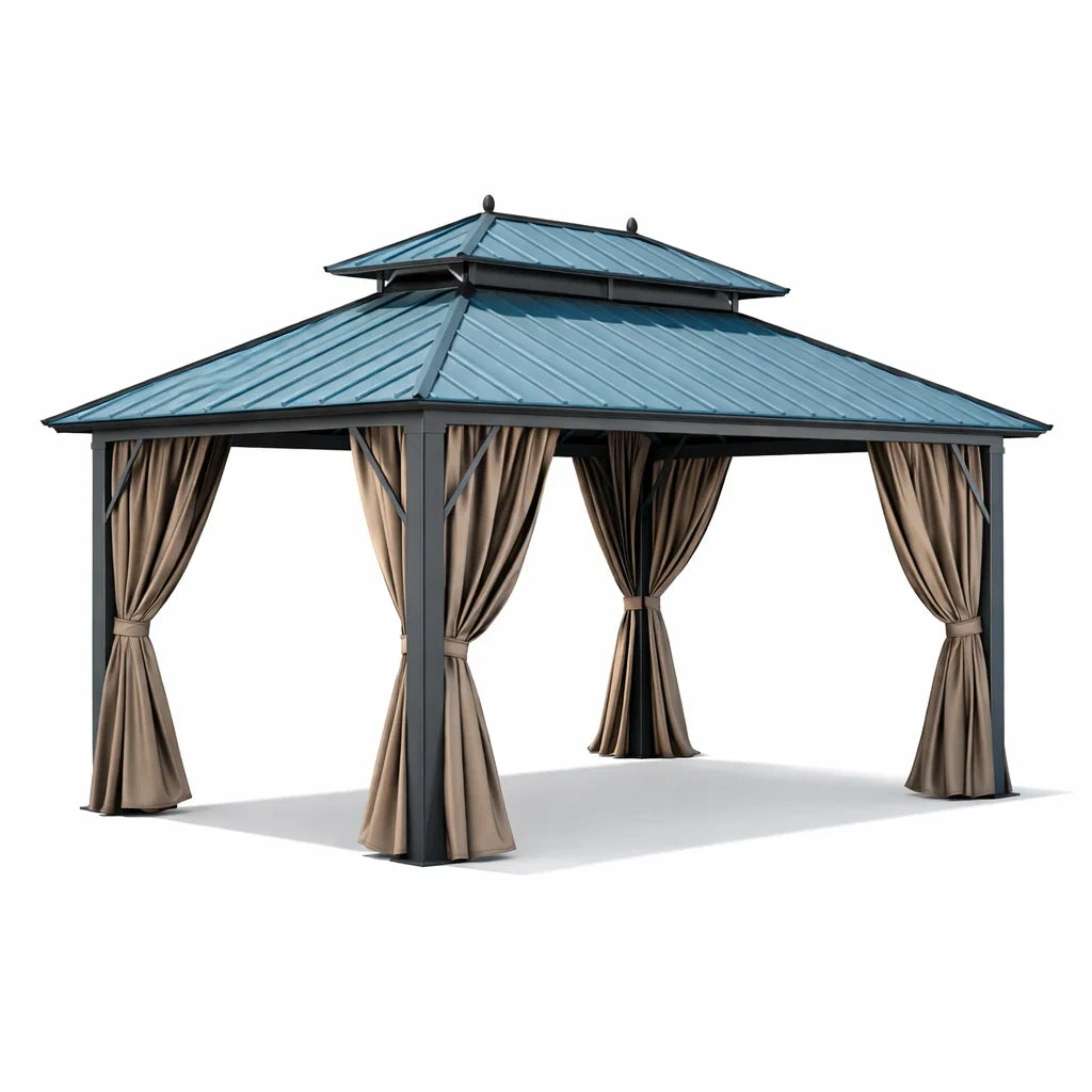 Gazebo in Metallo con Tetto in Acciaio e Tende in Poliestere