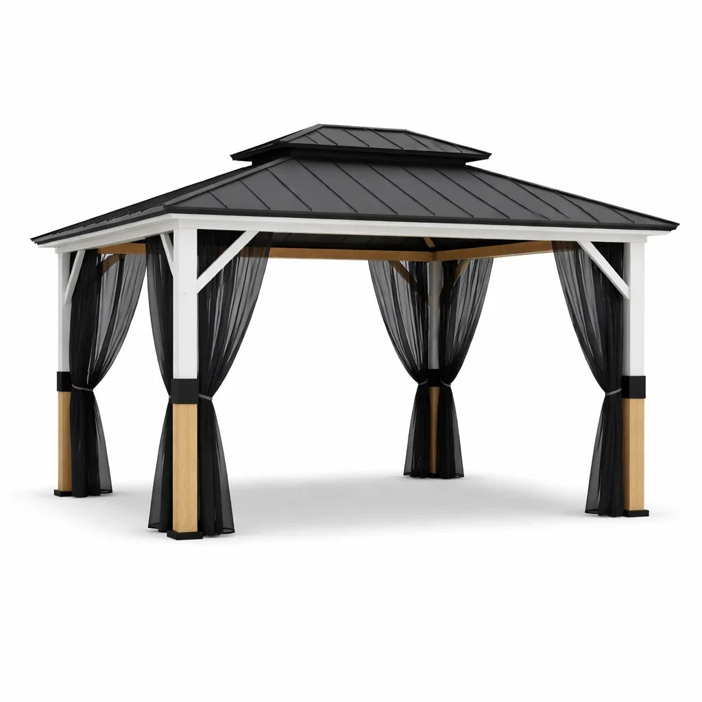 Gazebo in Alluminio con Tetto in Acciaio e Tende in Poliestere 4x3 m