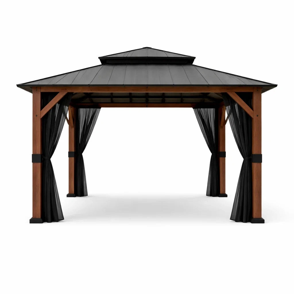 Gazebo da Giardino in Legno e Metallo con Tetto a Doppio Strato 3x4m Nero
