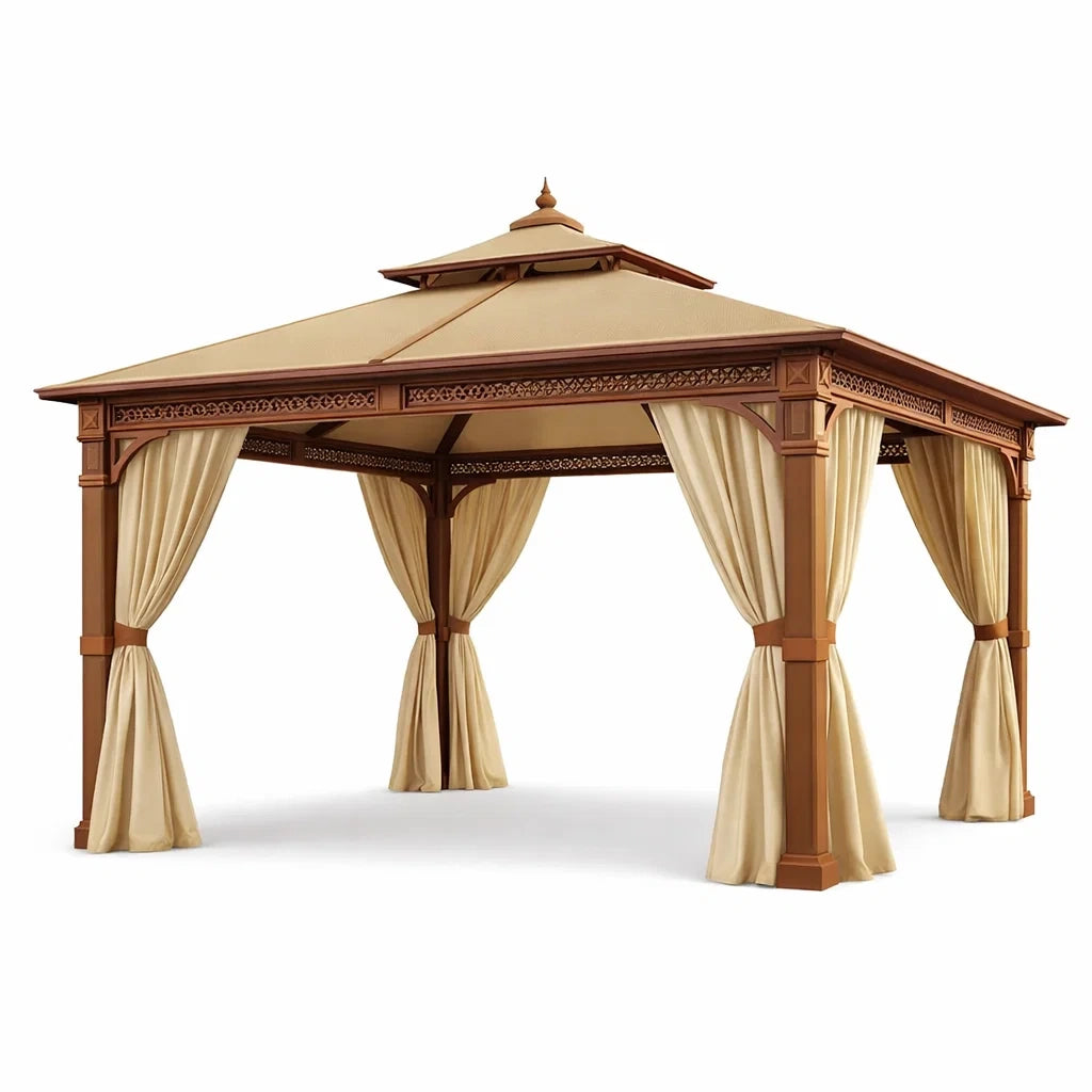 Gazebo da Giardino in Alluminio con Tende in Tessuto Marrone e Beige 4x3 m