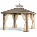 Gazebo da Giardino in Legno con Tende in Poliestere Beige