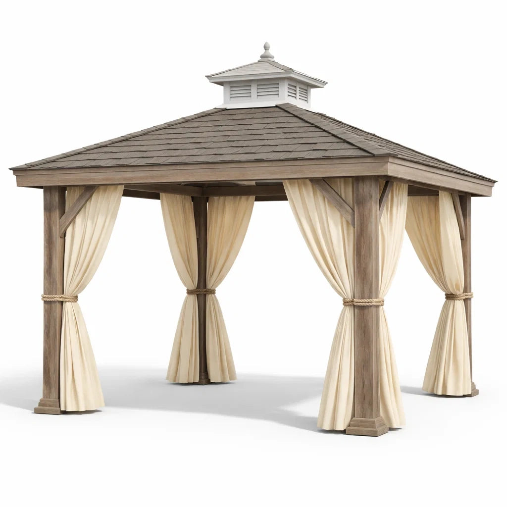 Gazebo da Giardino in Legno con Tende in Poliestere Beige