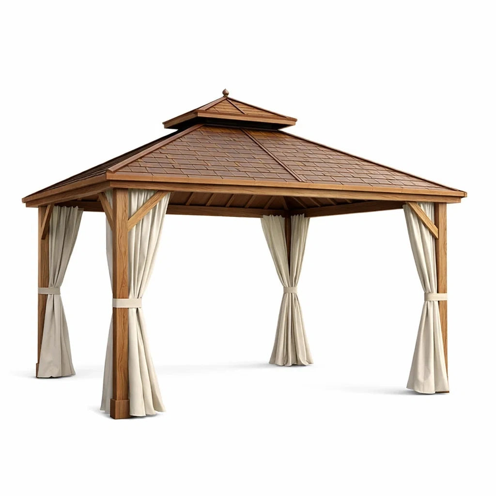 Gazebo in Legno con Tenda in Poliestere, 3x4m