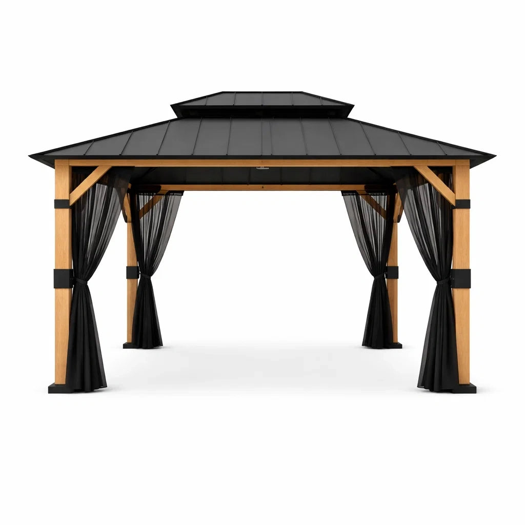 Gazebo da Giardino in Legno e Acciaio con Tende Nere