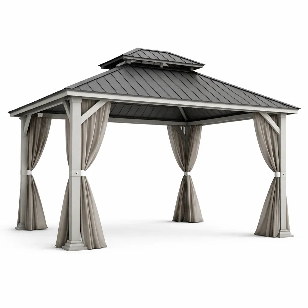 Gazebo in Alluminio con Tetto in Acciaio e Tende Grigie