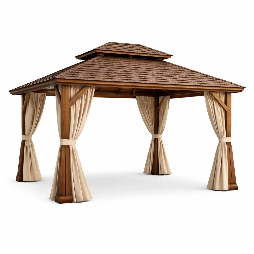Gazebo in Legno con Tetto a Tegole e Tende Beige in Poliestere