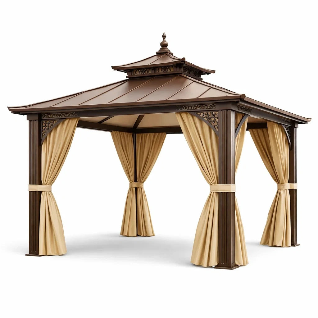 Gazebo da Giardino in Metallo con Tetto Doppio e Tende in Poliestere