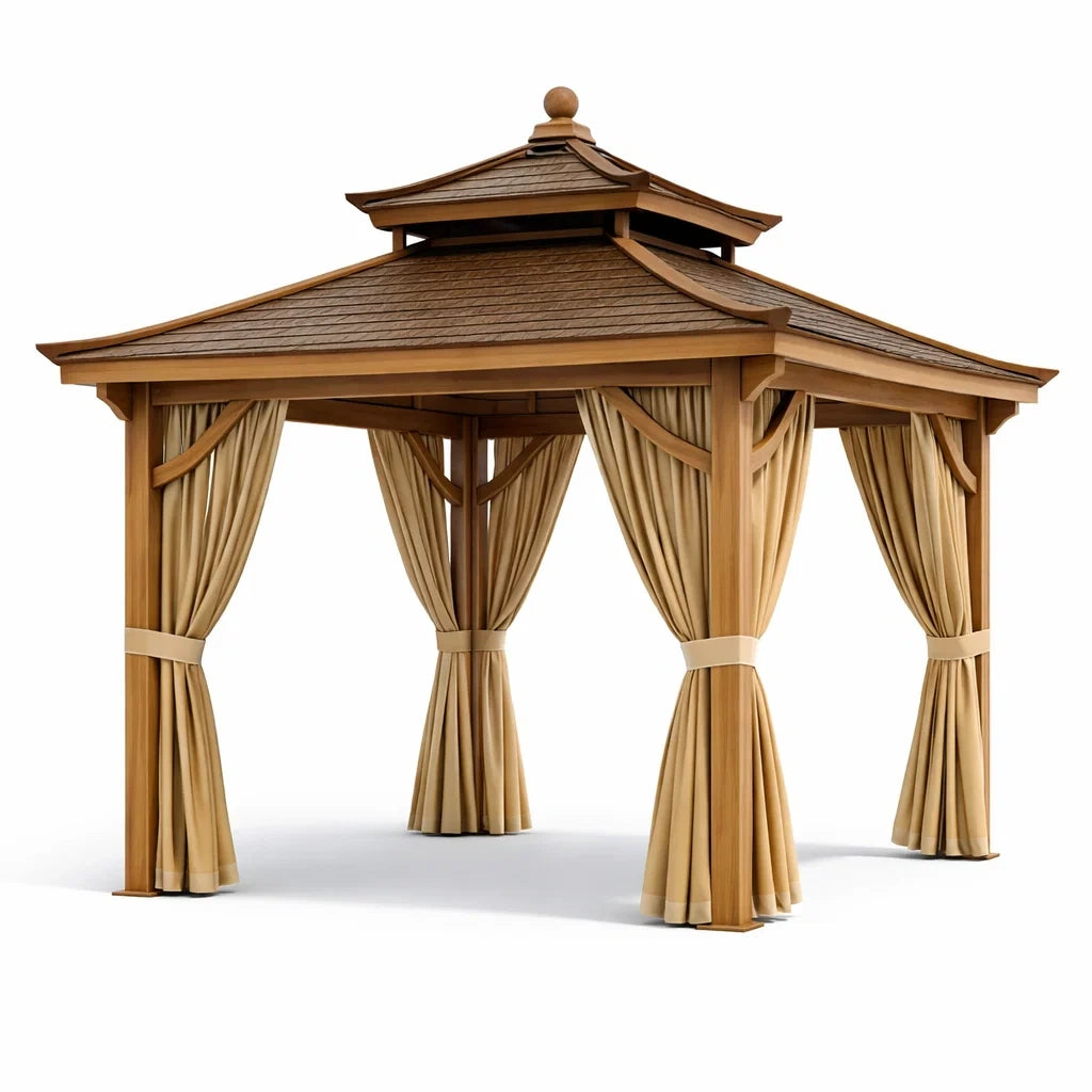 Gazebo in Legno Massello con Tende in Poliestere Beige