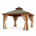 Gazebo in Legno con Tetto a Doppio Strato e Tende Laterali in Poliestere
