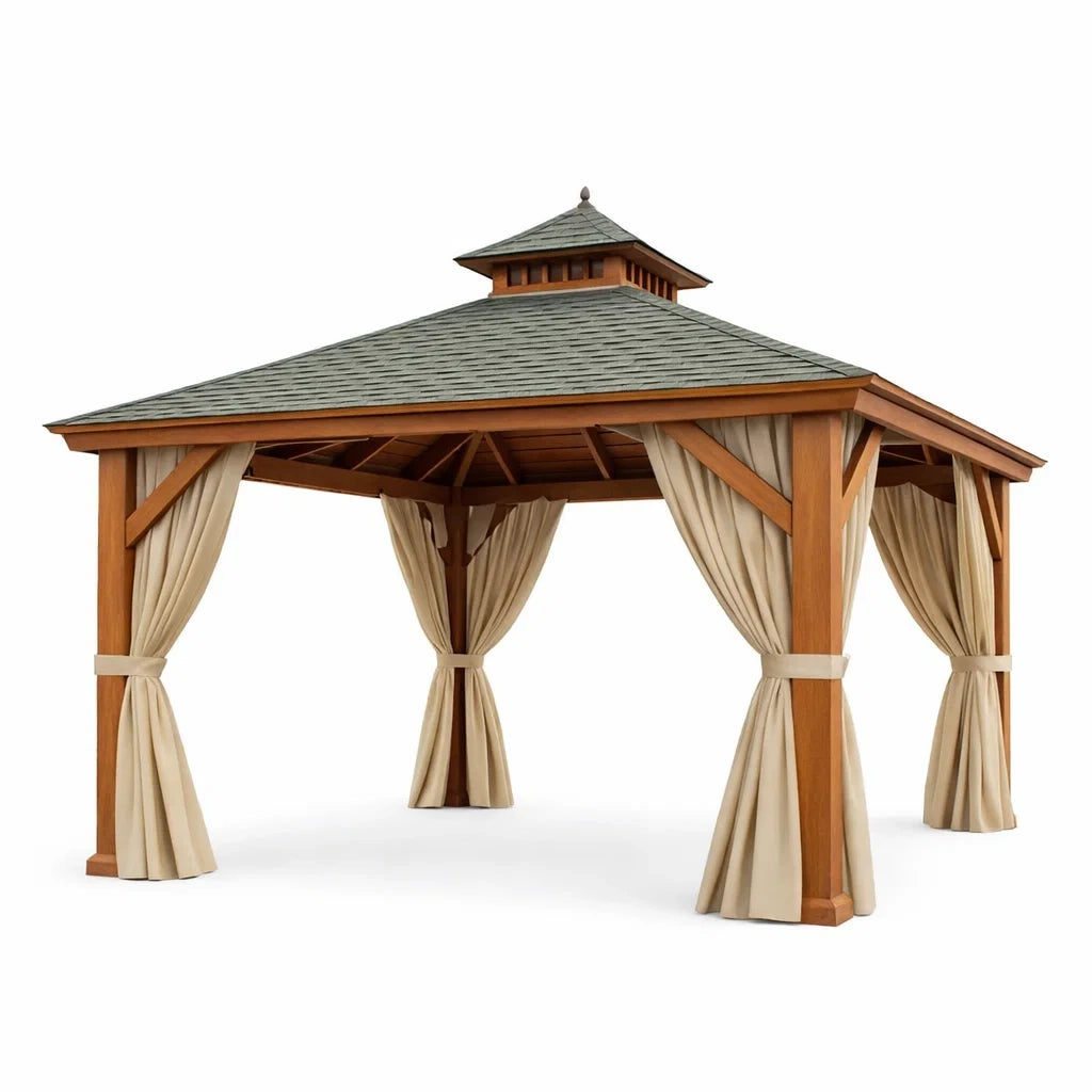 Gazebo in Legno con Tetto a Doppio Strato e Tende Laterali in Poliestere