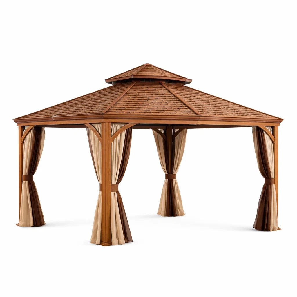 Gazebo in Legno con Tegole e Tende in Poliestere 4x3x3.5m