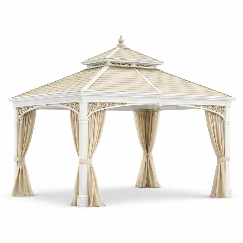 Gazebo da Giardino in Metallo con Tende in Poliestere Beige